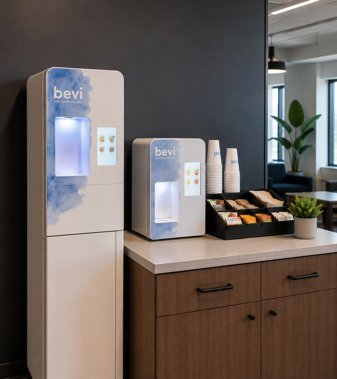 Bevi Standup 2.0 and Countertop flavored sparkling water systems in office